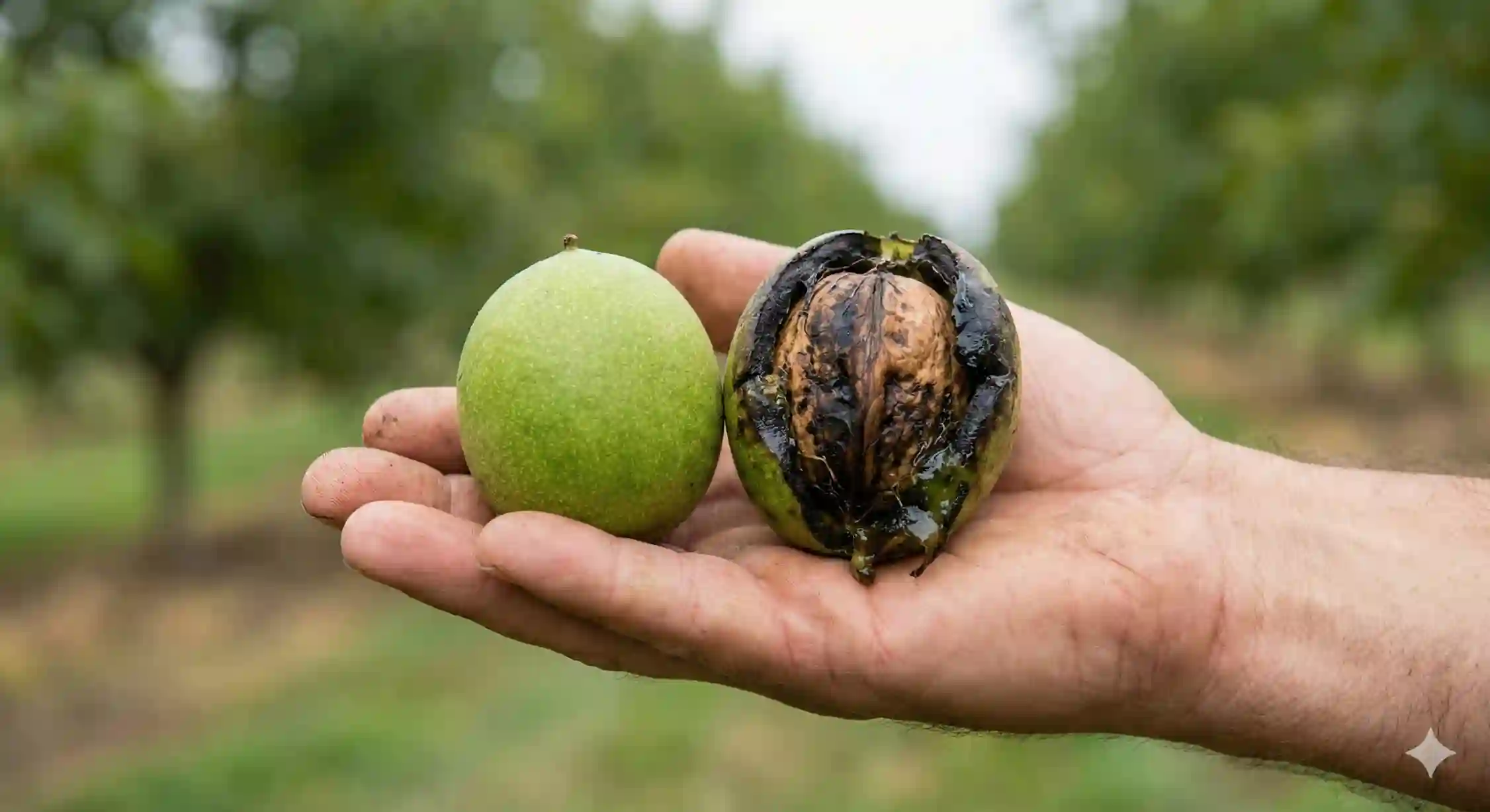 آسیب مگس پوست خوار گردو و سیاه شدن پوست سبز و چوبی میوه.