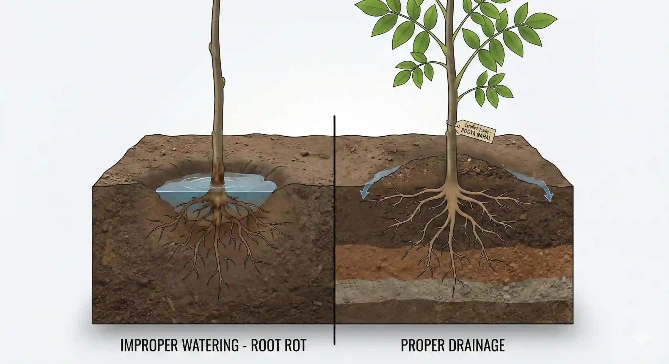 پوسیدگی طوقه و ریشه درخت گردو (فیتوفتورا) ناشی از آبیاری اشتباه.