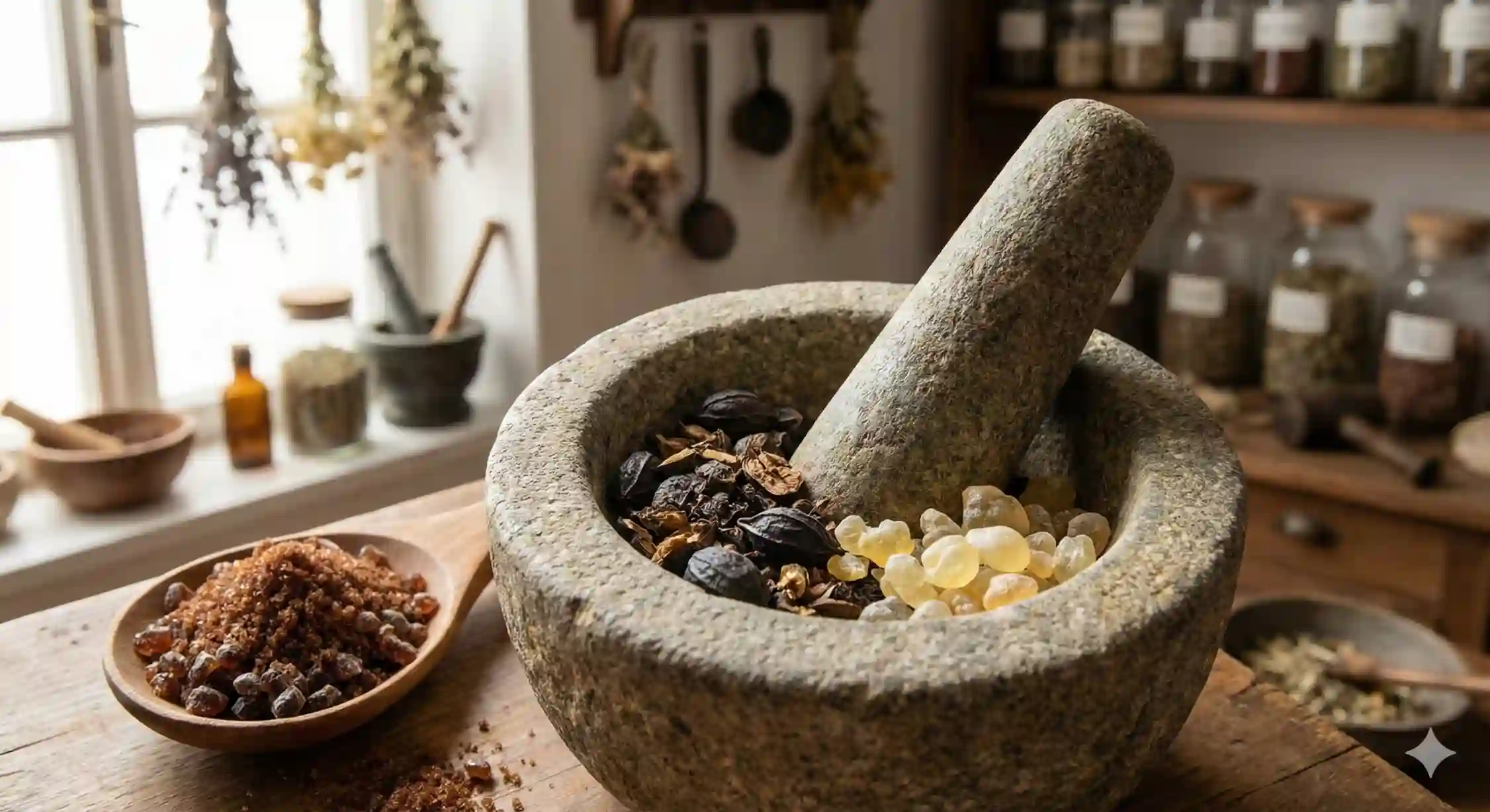 ترکیبات اصلی داروی امام کاظم شامل هلیله سیاه، مصطکی و شکر سرخ در هاون سنگی.